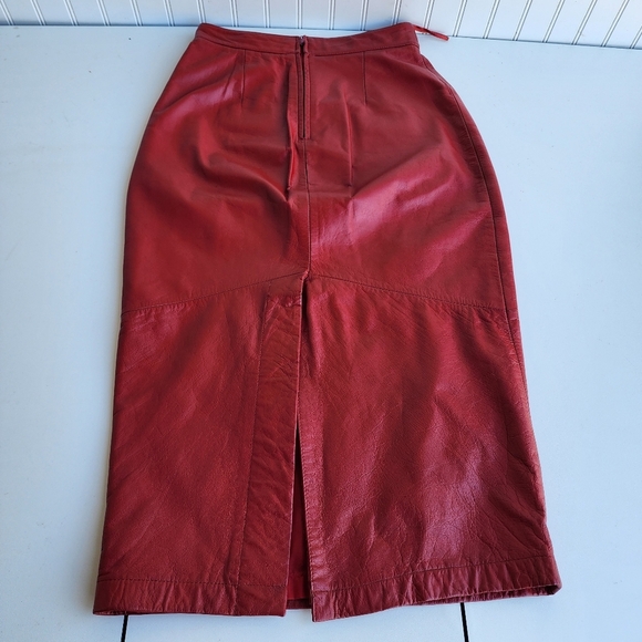 Red Genuine Leather Midi Skirt - Picture 6 of 11